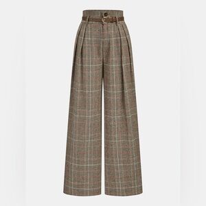 Commense Brown plaid Belted Plaid High-Waisted Pants Small New